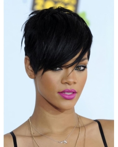 Convenient Black Straight Cropped Rihanna Wigs