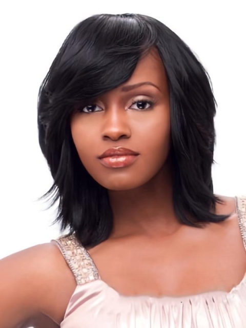 Black Straight Synthetic Medium Wigs