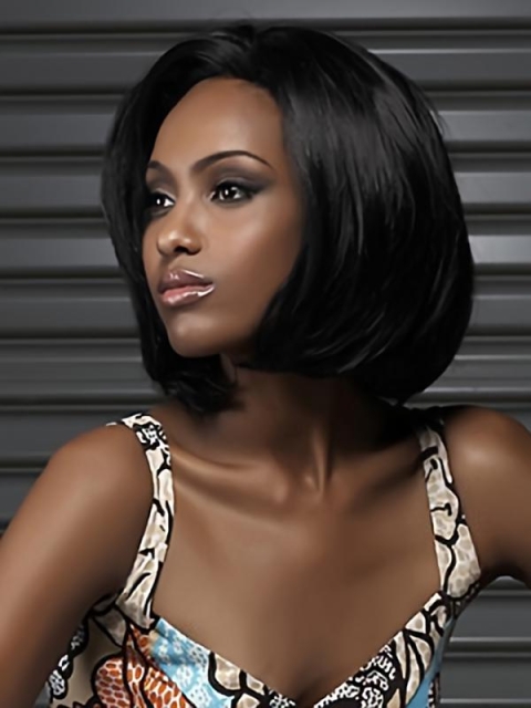 Black Straight Synthetic Mature Medium Wigs