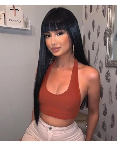Natural Looking Black Long Straight  Elf Kiss Synthetic Lace Front Wigs With Bang