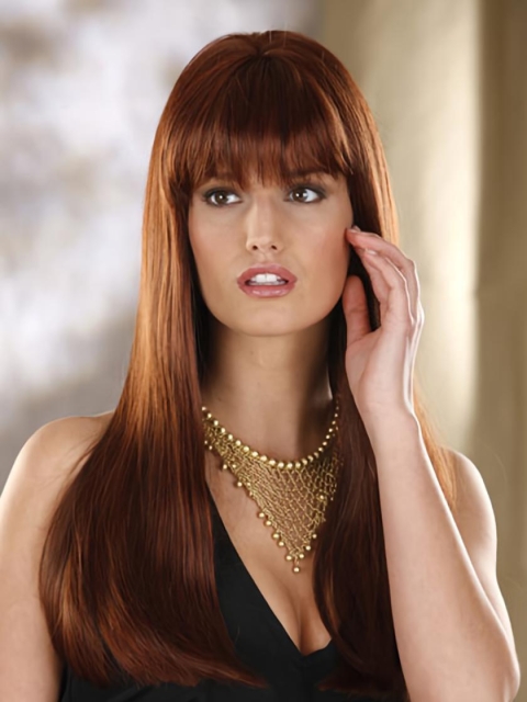 22'' Perfect Auburn Straight With Bangs Monofilament Lace Front Synthetic Long Women Wigs