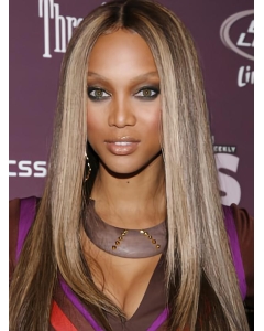 22''  Long Straight Lace Front Human Hair Women Tyra Banks Chic and Stylish Wig 