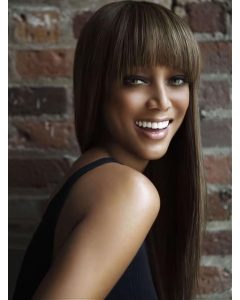 24'' Young Vivacious Charming Long Straight with Bangs Glueless Lace Front Human Hair Women Wig  