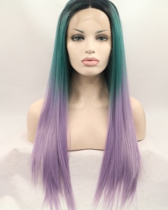 26'' Long Straight Without Bangs Lace Front Ombre/2 Tone Synthetic Women Wigs