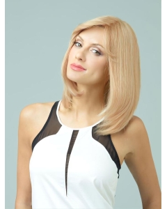 13'' Medium Length Straight With Bangs Blonde Monofilament Remy Human Hair Gentle Long Women Wigs