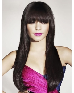 26'' Preferential Black Straight With Bangs Capless Long Human Hair Wigs For Cancer