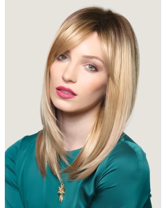 16'' Fashionable Blonde Straight With Bangs Long Lace Front Synthetic Women Wigs