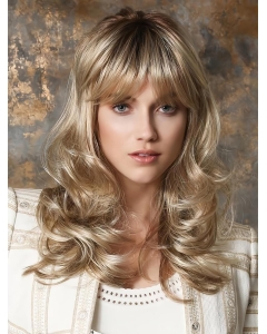 Blonde 16" Wavy With Bangs Monofilament Long Synthetic Classic Wigs