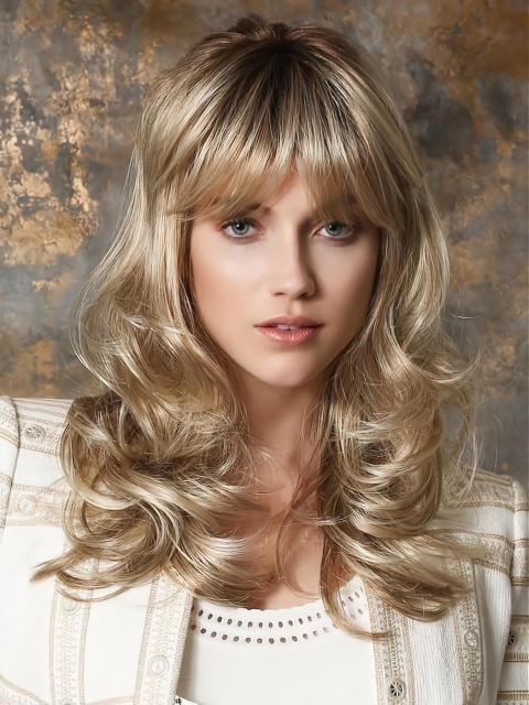 Blonde 16" Wavy With Bangs Monofilament Long Synthetic Classic Wigs
