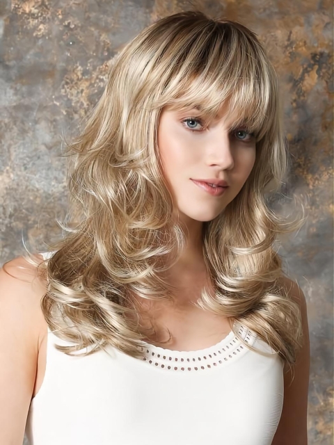 Blonde 16" Wavy With Bangs Monofilament Long Synthetic Classic Wigs