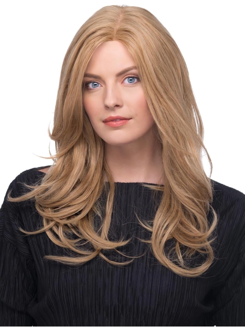 17‘’ Wavy Without Bangs Blonde 100% Hand-Tied Monofilament Long  Human Hair Wigs