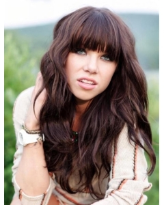 20" Brown Wavy With Bangs 100% Hand Tied Human Hair Women Wigs