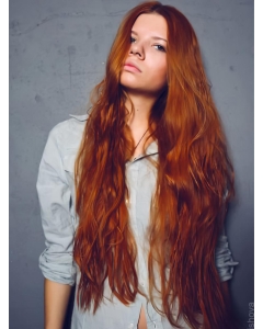 26'' Designed Long Wavy Without Bangs Hand Tied Copper Human Hair Women Wigs 