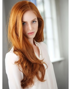 22'' Classic Long Wavy Without Bangs Full Lace Copper Human Hair Wigs 