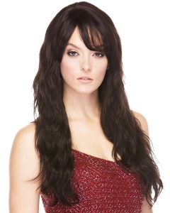 18'' Graceful Brown Wavy With Bangs Capless Long Human Hair Women Wigs