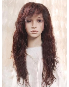 22'' Soft Auburn Wavy With Bangs 100% Hand-Tied Remy Human Hair Long Women Wigs