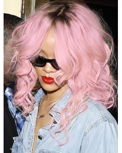 Rihanna Ultra-feminine Long Tousled and Wavy Lace Human Hair Wig 16 Inches