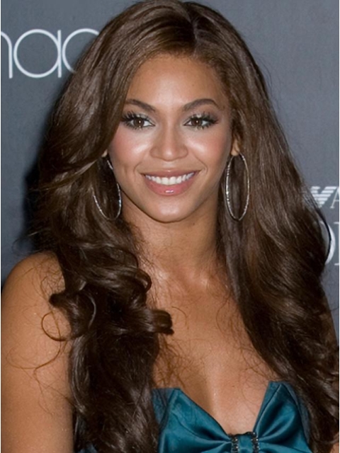 Beyonce Knowles Elegant Asian-style 100% Human Hair Long Wavy Glueless Lace Front Wig about 24 Inches