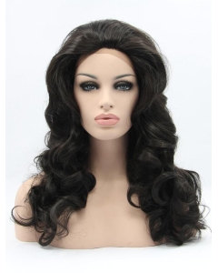 Shoulder Length Black Without Bangs 17" Lace Front Wavy Synthetic Wigs