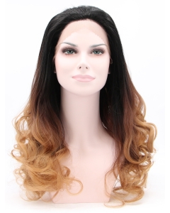 23" Curly Ombre/2 Tone Without Bangs Synthetic Lace Front Long Wigs