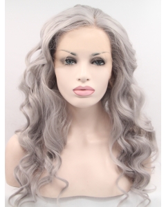 Synthetic Lace Front 22" Curly Grey Without Bangs Long Wigs