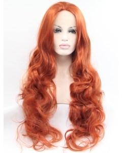 Curly Copper Without Bangs Synthetic Long Lace Front Women Wigs