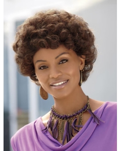Short Curly Dark Brown Mixed Color Layered Hairstyle with Full Bangs Capless African American Wigs For Black Women