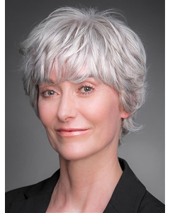 Short 8" 100% Hand-tied Grey Remy Human Hair Layered Wigs For Elderly Lady