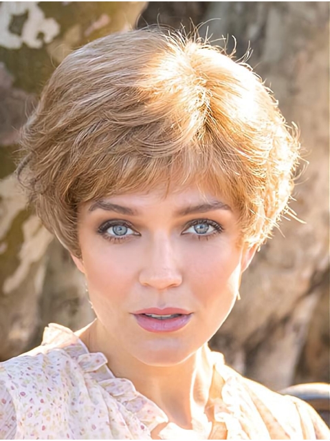 Blonde 8" Boycuts Wavy Short Sassy Monofilament Synthetic Women Wigs