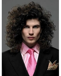 Popular Black Curly Shoulder Length Lace Front Synthetic Men Wigs