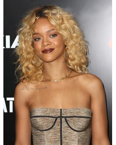 Exquisite Blonde Curly Shoulder Length Lace Front Human Hair Women Rihanna Wigs