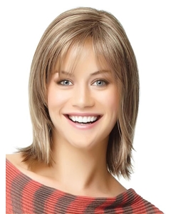 Mature Blonde Straight Shoulder Length  With Bangs Capless Human Hair Women Wigs