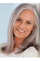 Shoulder Length Straight Without Bangs  Hand Tied Human Hair Grey Lady Wigs