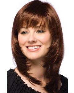 Fashionable Auburn Straight Shoulder Length With Bangs Capless Human Hair Women Wigs