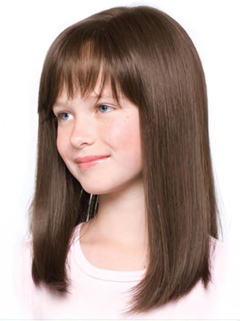 Best  Brown Straight With Bangs Hand-Tied Synthetic Kids Wigs For Cancer