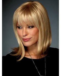 Fabulous Blonde Straight Shoulder Length With Bangs Lace Front Synthetic Women Wigs