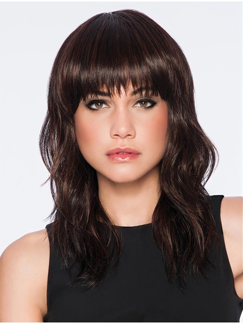 Medium Brown Wavy With Bangs Capless Synthetic Wigs For Women