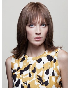  Wavy Brown With Bangs Medium Lace Front Human Hair Women Wigs