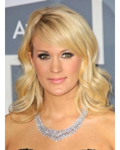 Unique Blonde Wavy With Bangs Shoulder Length Hand-tied Human Hair Women Celebrity Wigs