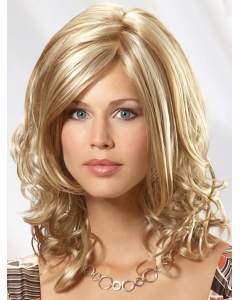 Gentle Blonde Wavy Shoulder Length Mono Top Human Hair Women Wigs For Cancer