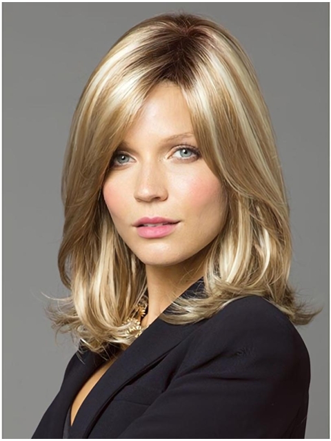 Blonde Comfortable Wavy Synthetic Medium Wigs